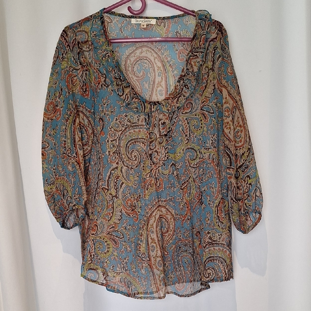 Travelsmith Sheer Blue Paisley Popover Women's Top